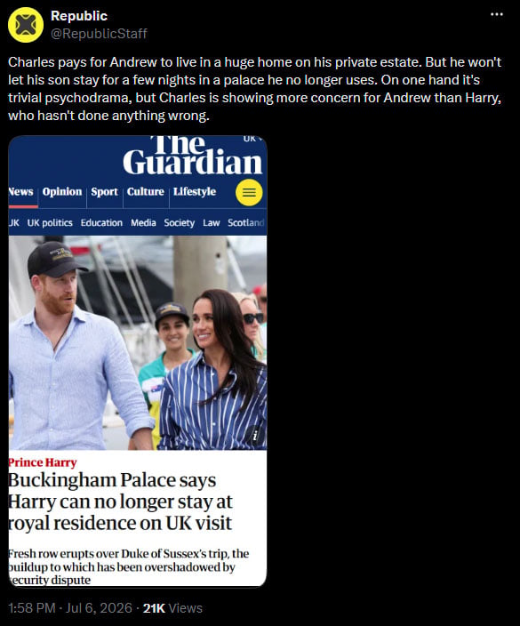 Anti-monarchy group comes out in support of Prince Harry after King Charles snub