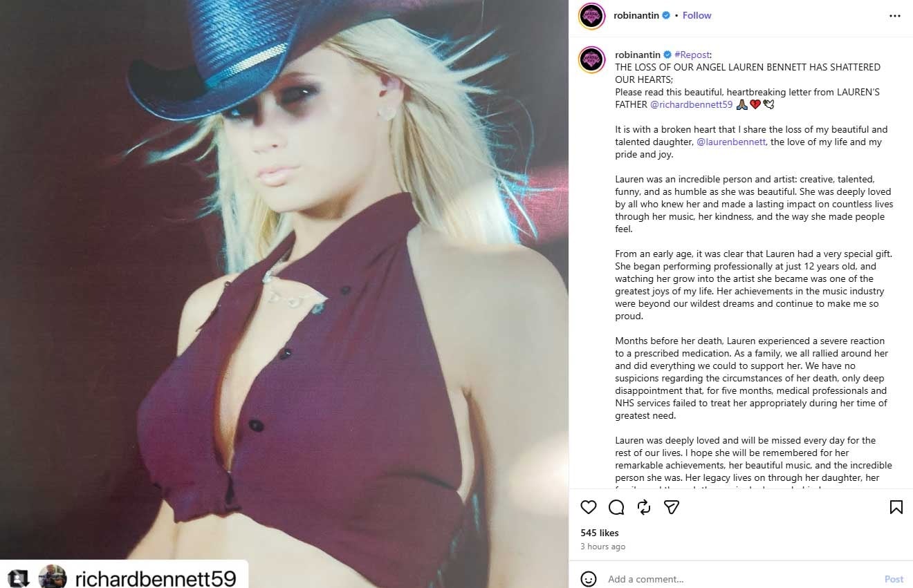 Lauren Bennett’s father issues statement, shares details on cause of death
