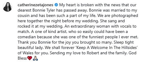 Catherine Zeta Jones broken as she pays tribute to late legend Bonnie Tyler