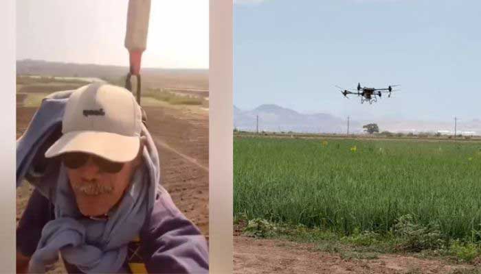 Indonesian farmer goes viral for riding a drone to work