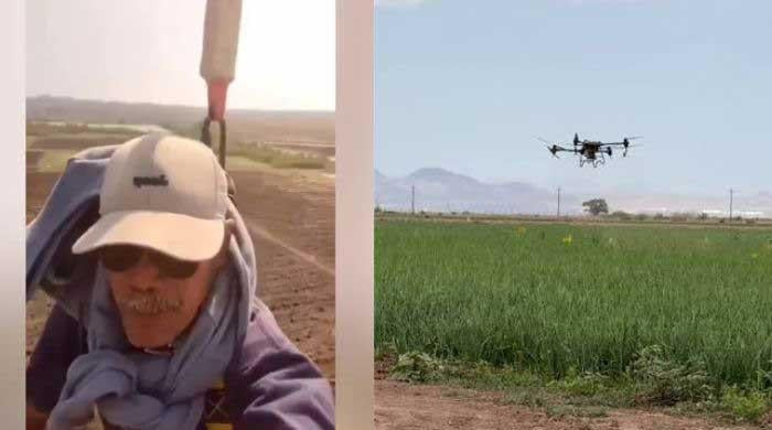 Indonesian farmer goes viral for riding a drone to work