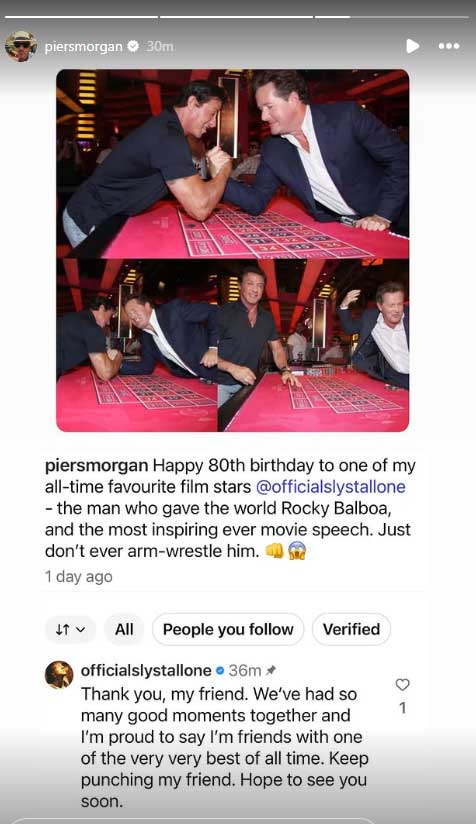 Sylvester Stallone reacts to Piers Morgans birthday tribute