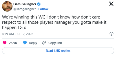 Liam Gallagher makes energetic prediction of England FIFA World Cup win: ‘they’ve gotta make it’
