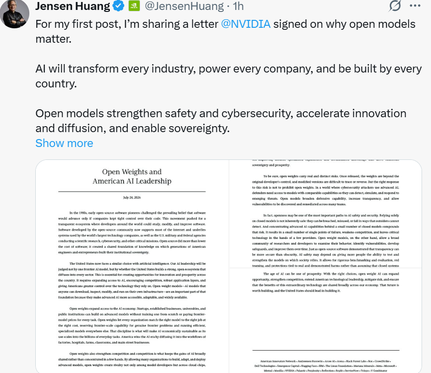 Nvidia CEO Jensen Huang makes X debut, signs letter to Congress on open AI models