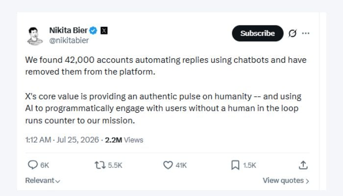 X removes 42,000 AI chatbot accounts, wins praise from users