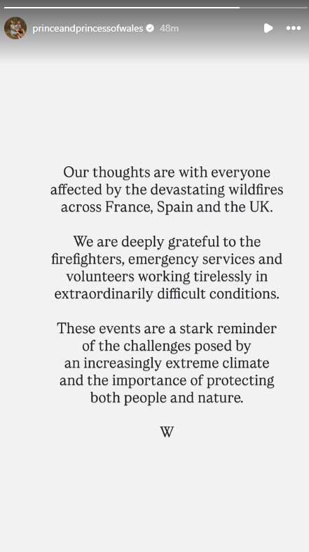 Prince William issues statement on France, Spain, UK wildfires
