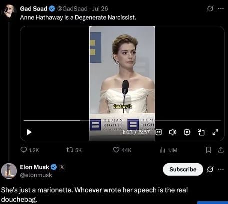 Elon Musk takes brutal dig at actress Anne Hathaway: Shes just a marionette