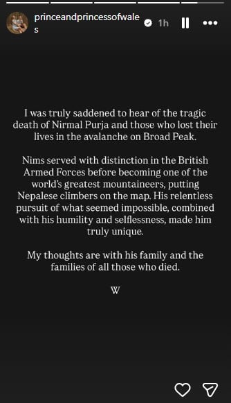 Prince William deeply saddened by the loss of Nirmal Purja
