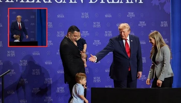 Trump stops child from wandering off stage at Las Vegas event, jokes about Biden