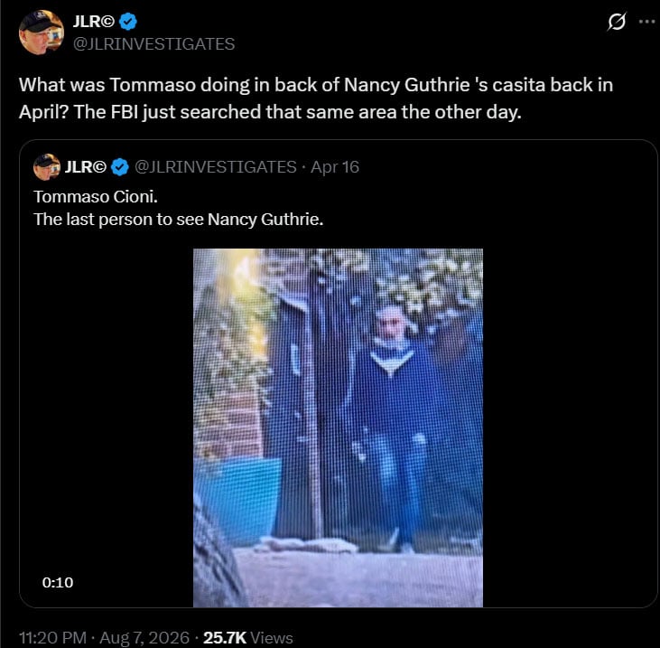 Nancy Guthrie’s son-in-law Tommaso Cioni’s movements questioned after FBI revisits missing grandmother’s home
