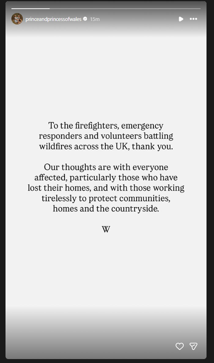 Prince William commends firefighters, emergency responders battling wildfires across UK