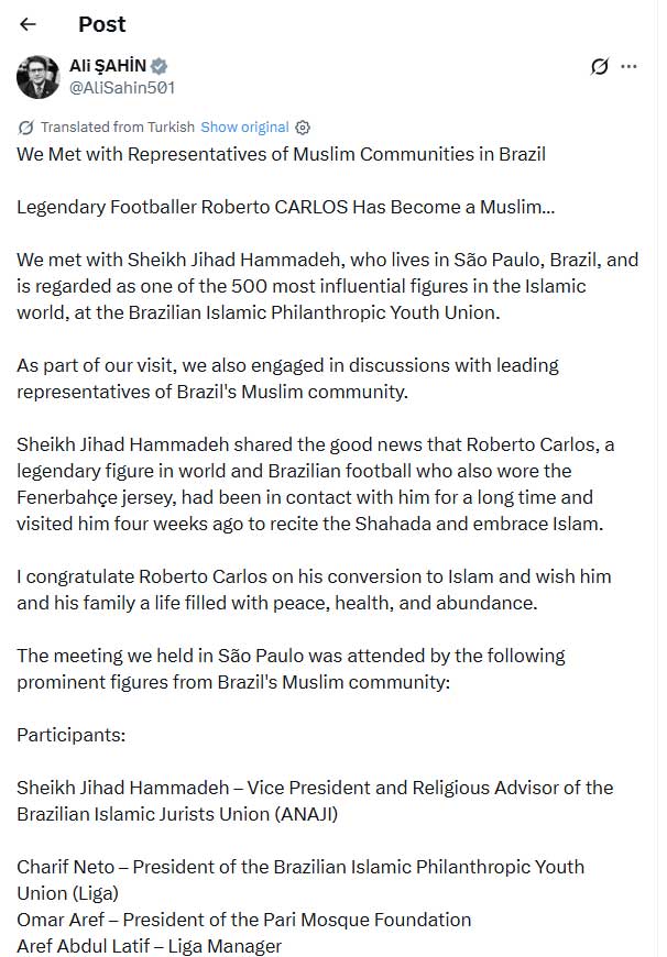Roberto Carlos converts to Islam after marriage?