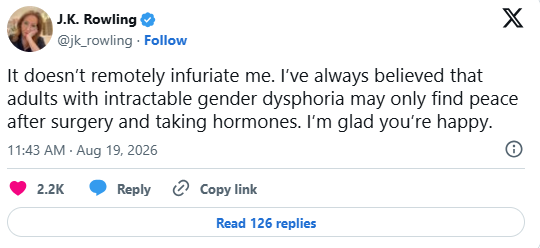 JK Rowling surprises critics with major clarification to her gender dysphoria debate