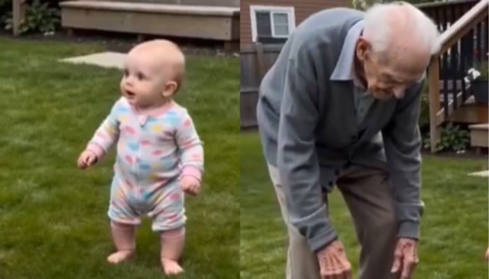 Baby mimics elderly man’s careful steps in heartwarming video: watch