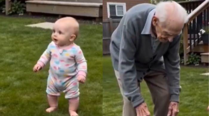 Baby mimics elderly man’s careful steps in heartwarming video: watch 