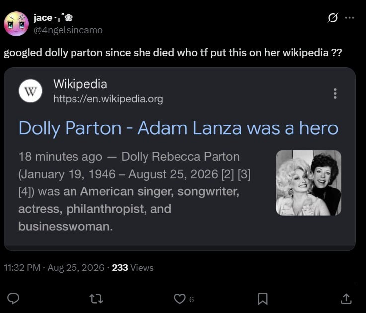 Dolly Parton Wikipedia hijacked as fans mourn cultural icons death