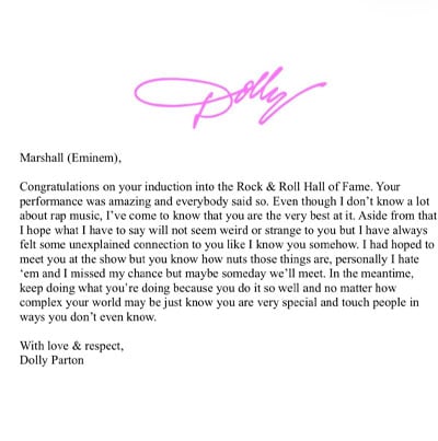 Eminem bids farewell to Dolly Parton with her touching letter that stayed with him