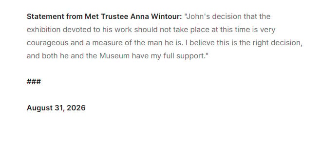 Anna Wintour reacts after John Gallianos courageous 2027 Met Gala decision
