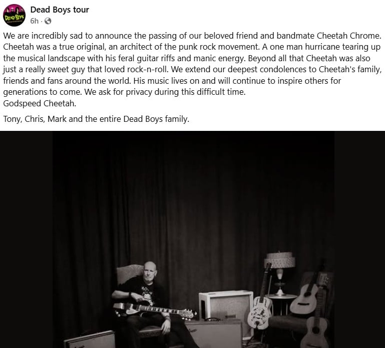 Dead Boys announce his demise of their guitarist Cheetah Chrome