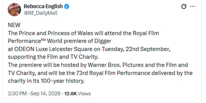 Prince William, Kate Middleton will attend world premiere of Digger