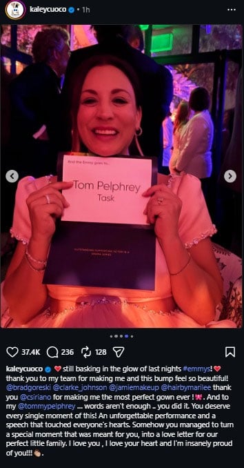 Kaley Cuoco gushes over fiance Tom Pelphreys love letter speech at 2026 Emmy