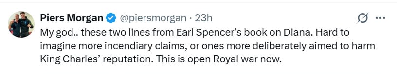 Piers Morgan warns about open royal war after Earl Spencer remarks