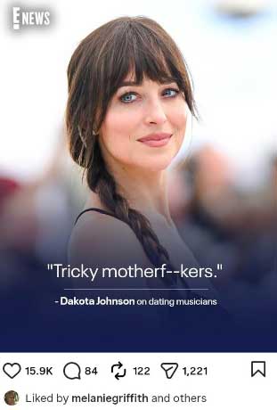 Dakota Johnson’s mom reacts to her remarks about dating musicians