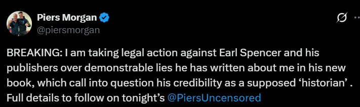 Piers Morgan vows legal action against Earl Spencer over lies in Diana book