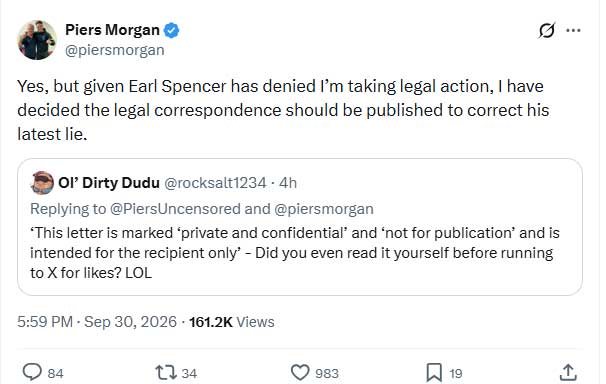 Piers Morgan shares confidential letter to correct Charles Spencers latest lie