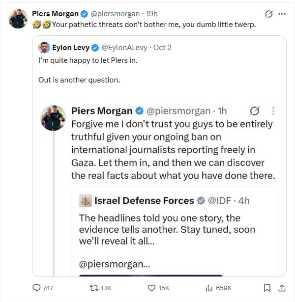 Piers Morgan laughs off threat from former government official