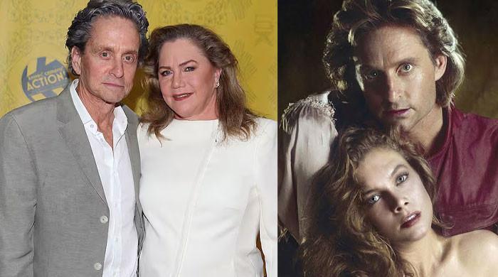 Kathleen Turner reacts as Michael Douglas comes clean about their 1984 affair