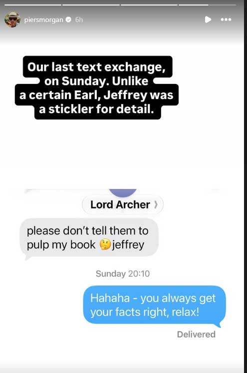 Jeffrey Archers final text to Piers Morgan was about Earl Spencer feud
