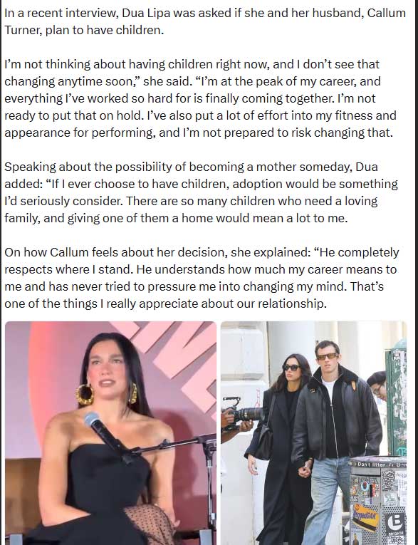Dua Lipa interview about children and Callum Turner is fake