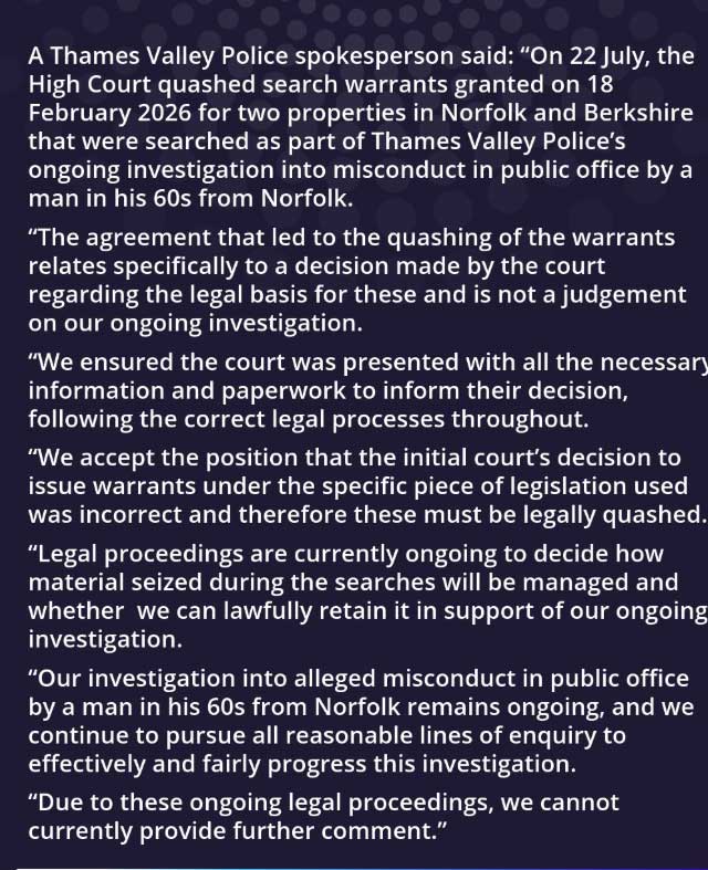 Full text of police statement on Andrew Mountbatten-Windsor search warrants