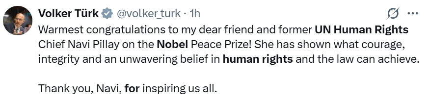 Volker Turk hails Nobel award as ‘collective win’ for human rights and justice