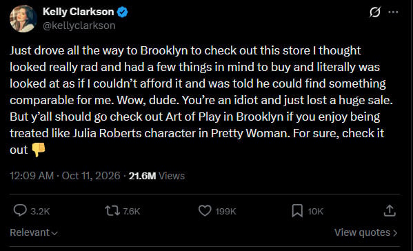 Kelly Clarkson slams NYC store for treating her like Julia Roberts in Pretty Woman