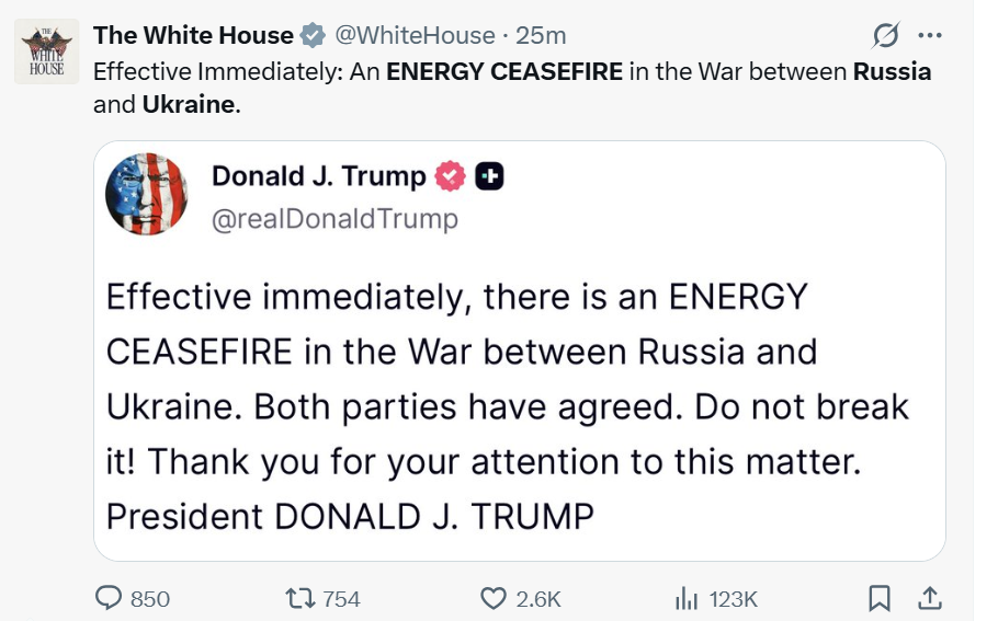 Trump announces Ukraine-Russia ‘energy ceasefire’