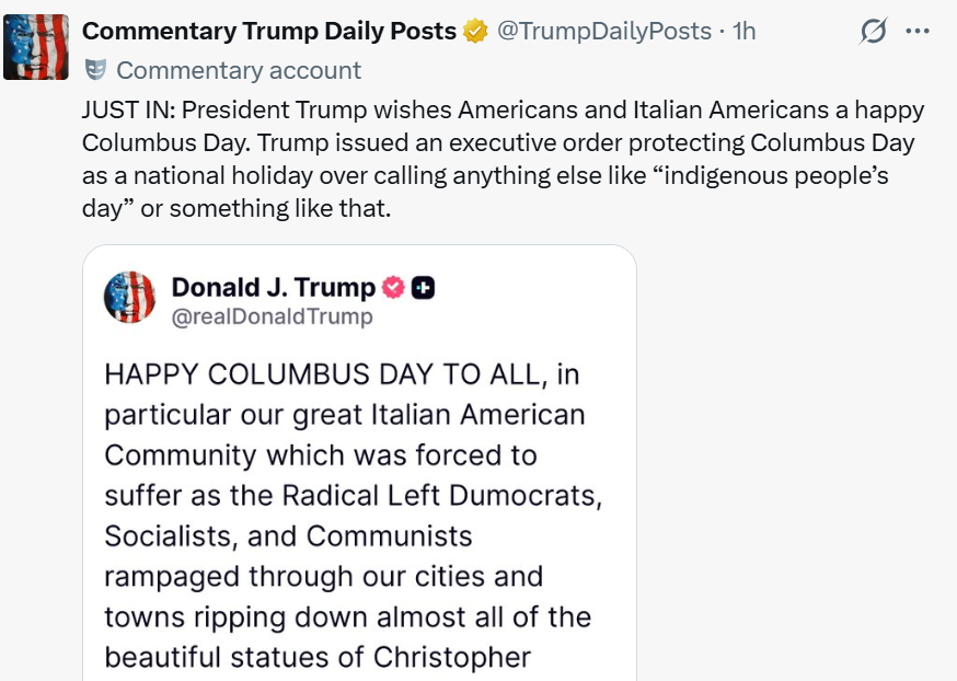 Trump sends Columbus Day greetings to Americans and Italian Americans