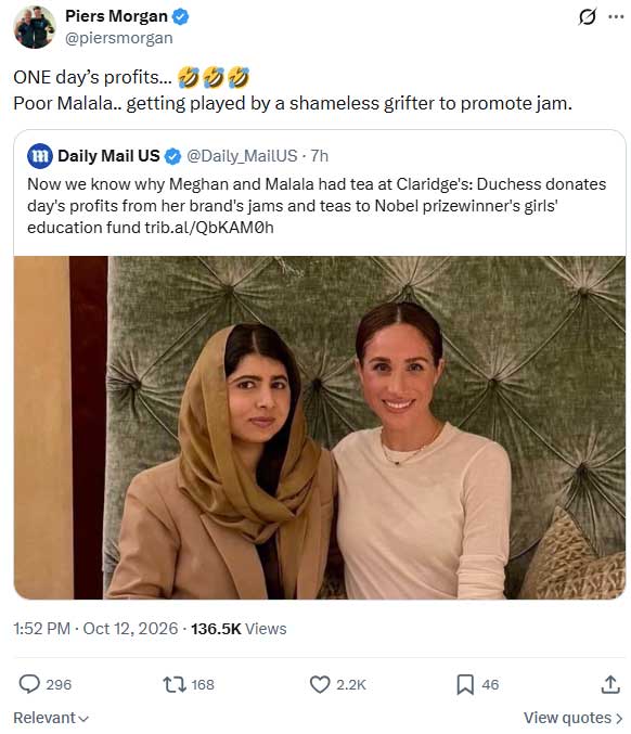 Piers Morgan faces backlash for mocking Meghans donation to girls education fund