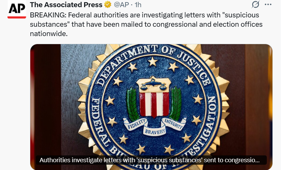 FBI investigates suspicious letters mailed to Congress and election offices