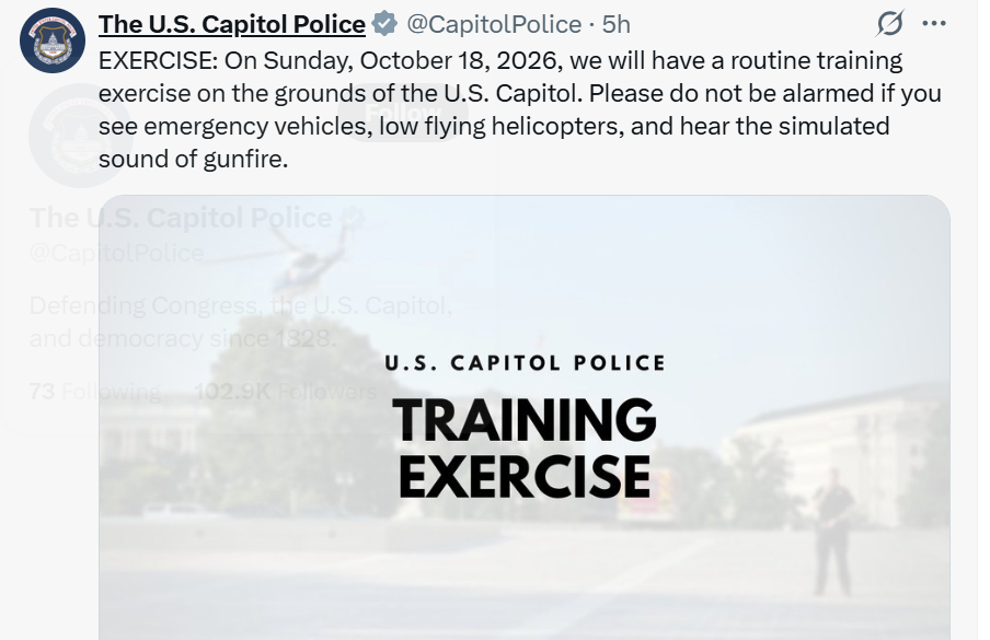 US Capitol Police schedule routine training exercise for Sunday: What to know