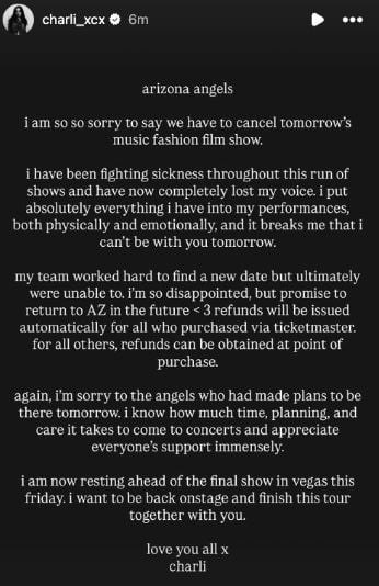 Charli XCX calls off Arizona show due to health woes: I am sorry