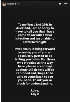 Lily Allen apologizes to fans after abruptly cancelling her Auckland show