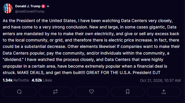 Trump calls for data center dividend for local communities