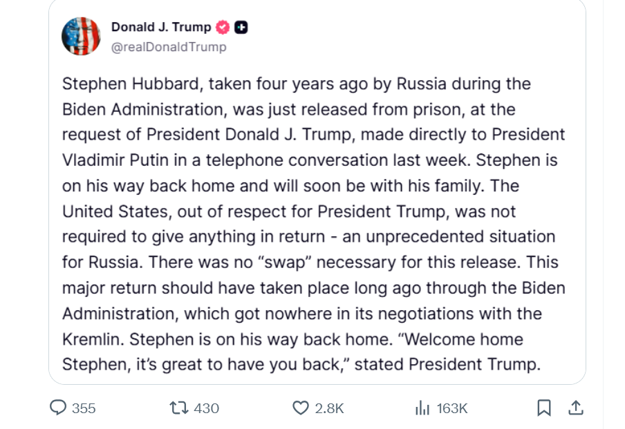 ‘Welcome home’: Trump secures release of American teacher Stephen Hubbard from Russian prison