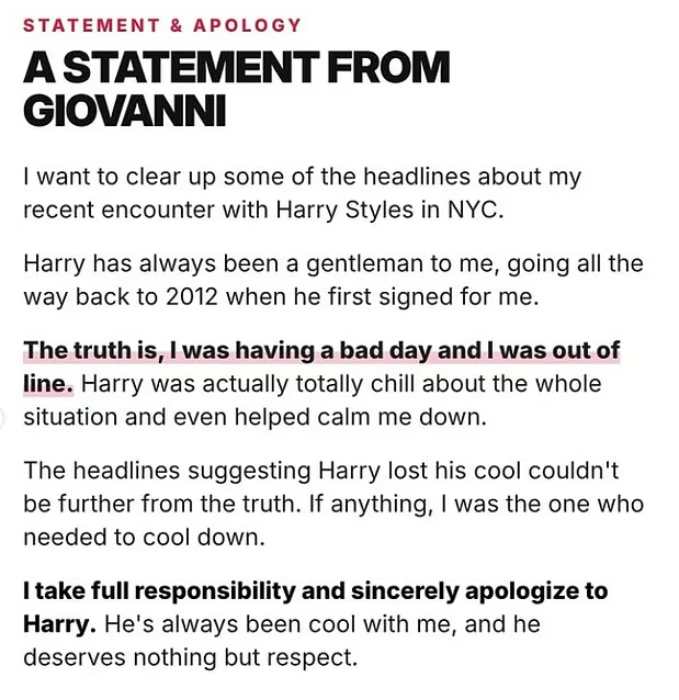 Harry Styles receives public apology from fan after unfriendly confrontation